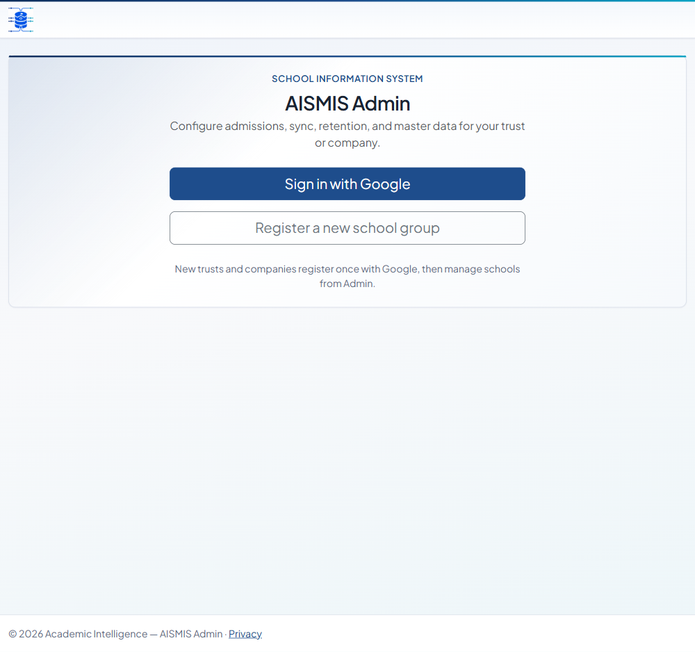 AISMIS Admin welcome screen